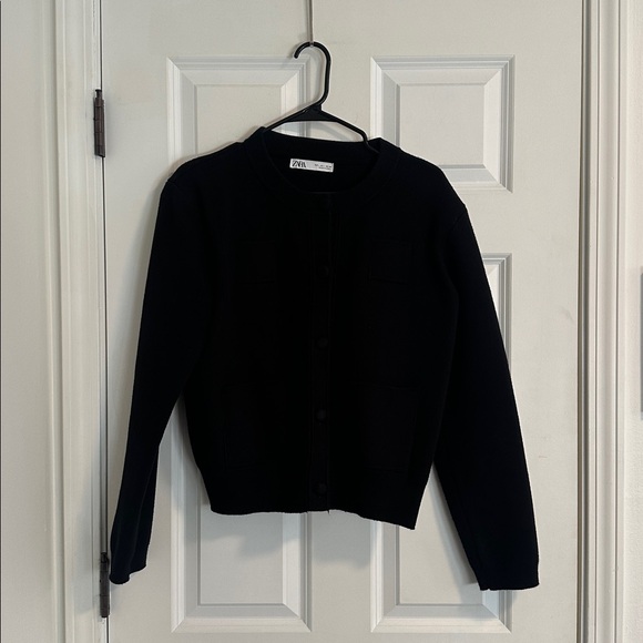 NWOT Zara Plain Knit Shoulder Pad Cardigan Jacket in Black size L - Picture 3 of 13